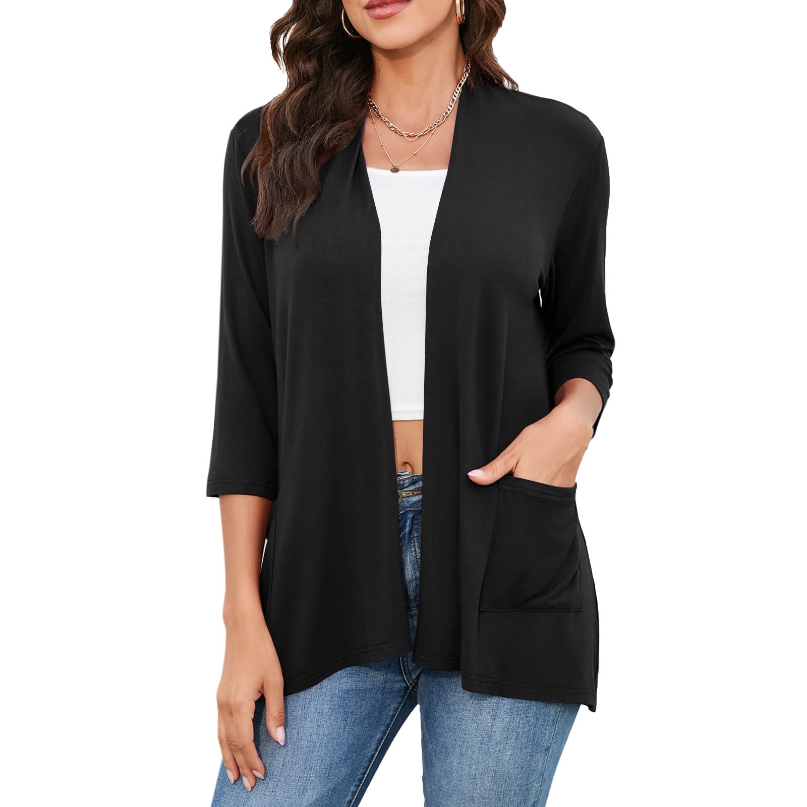 Winter Polyester Long Sleeve Spandex Cardigan for Women White Cover Up Wide Neck Womens Casual Lightweight With Pockets 3 4 Front Open Dust Duster S Walmart