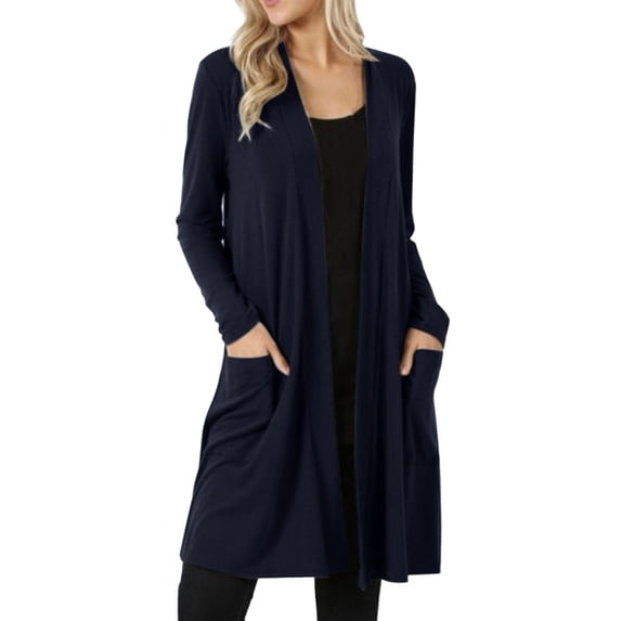 Winter Polyester Long Sleeve Spandex Cardigan for Women Blue Cover-Up Solid Color Round Neckline Womens Ladies V Neck Coat Pockets Outerwear 3XL