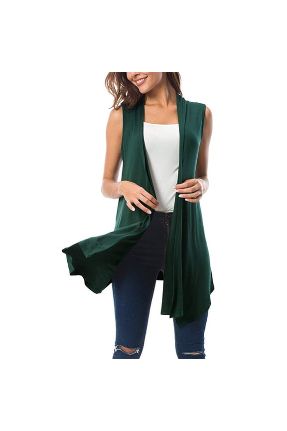 Winter Polyester Sleeveless Fleece Jackets for Women Green Cover-Up Heart Wide Neck Women's Draped Open Front Cardigan Vest Asymmetric Hem Blouse L