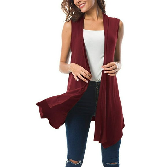 Winter Polyester Sleeveless Fleece Jackets for Women Red Cover-Up Heart Wide Neck Women's Draped Open Front Cardigan Vest Asymmetric Hem Blouse S