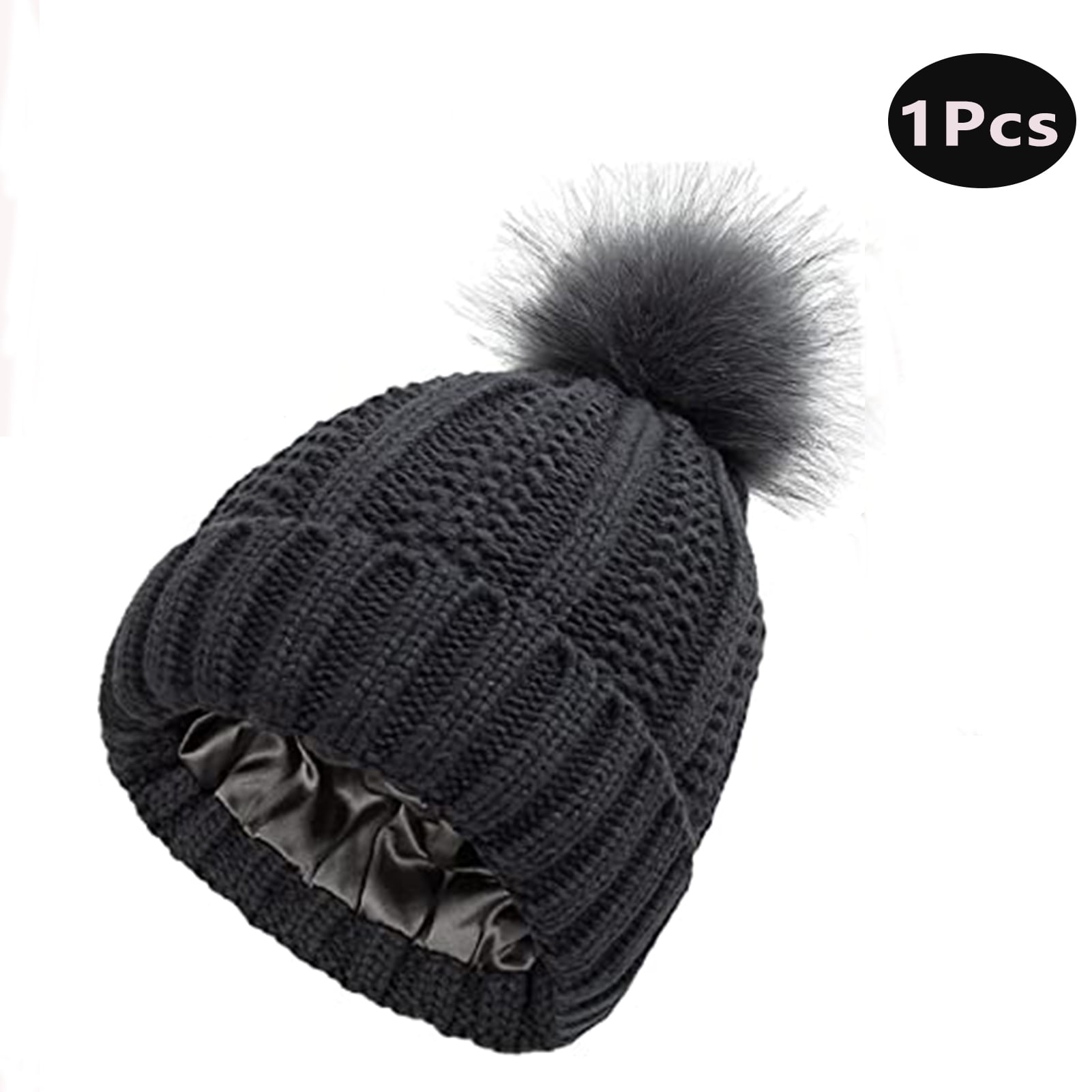 Winter Pom Pom Beanie Hats for Women,Satin Lined Knitted  display picture 2