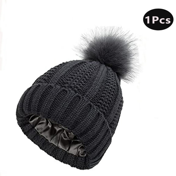 Winter Pom Pom Beanie Hats for Women,Satin Lined Knitted Warm Cap for Outdoor(Black)