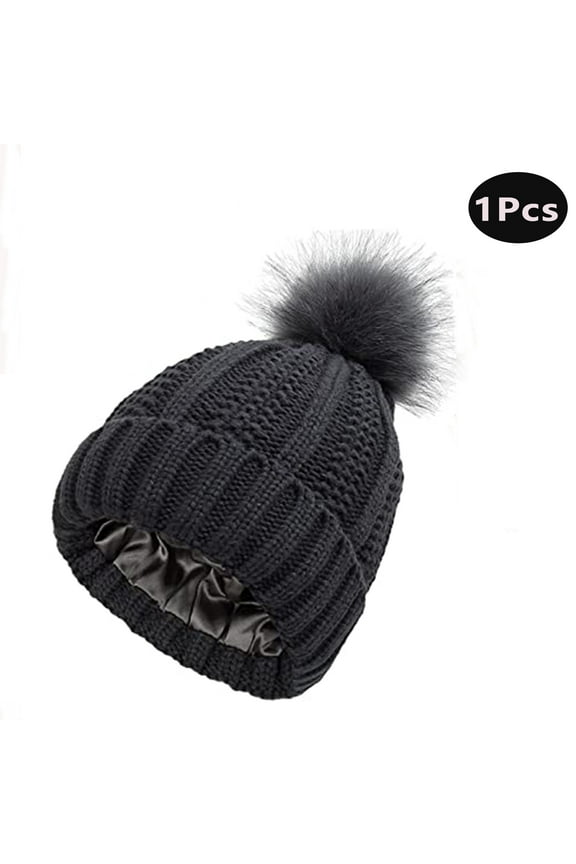 Winter Pom Pom Beanie Hats for Women,Satin Lined Knitted Warm Cap for Outdoor(Black)