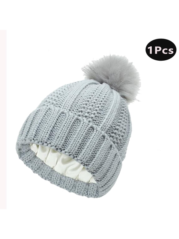 Winter Pom Pom Beanie Hats for Women,Satin Lined Knitted Warm Cap for Outdoor(Grey)