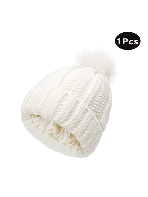 Winter Pom Pom Beanie Hats for Women,Satin Lined Knitted Warm Cap for Outdoor(White)