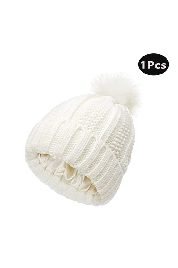 Winter Pom Pom Beanie Hats for Women,Satin Lined Knitted Warm Cap for Outdoor(White)