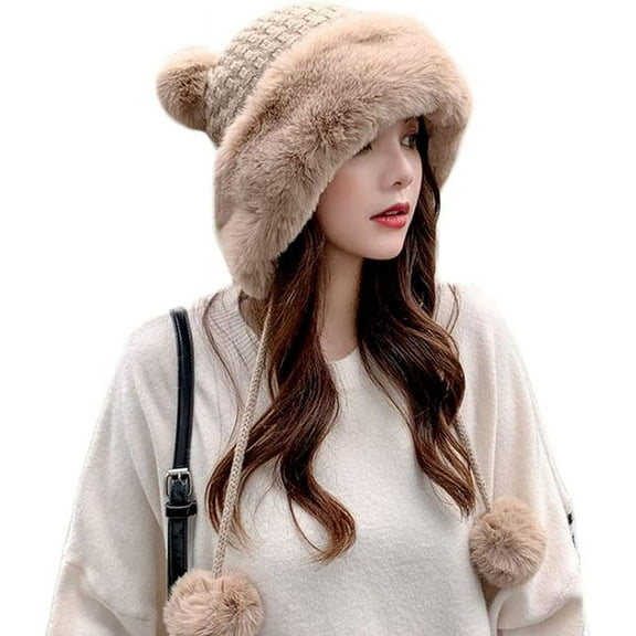 Winter Pompom Beanie Hats for Women Fluffy Knit Womens Beanie Faux Fur Crochet Skull Cap Warm Bucket Outdoor Ear Cover