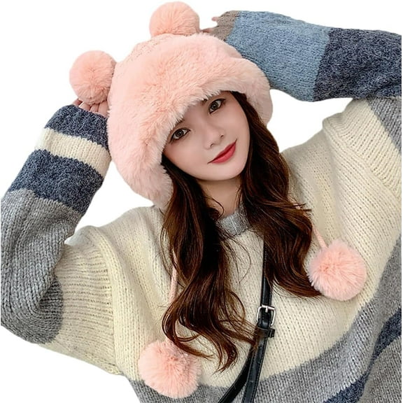 Winter Pompom Beanie Hats for Women Fluffy Knit Womens Beanie Faux Fur Crochet Skull Cap Warm Bucket Outdoor Ear Cover
