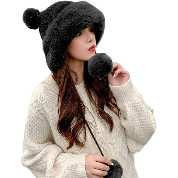 Winter Pompom Beanie Hats for Women Fluffy Knit Womens Beanie Faux Fur Crochet Skull Cap Warm Bucket Outdoor Ear Cover