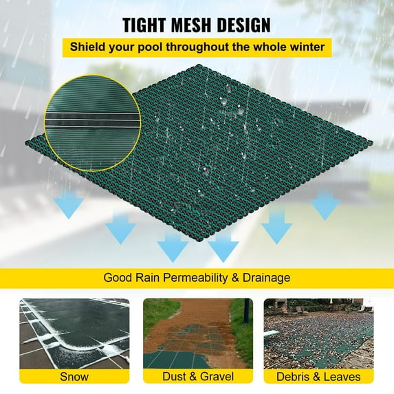 PP Material Inground Pool Safety Cover, 16x36 ft Rectangle Winter Cover for Swimming Pools, Green Mesh Solid Design for Safety