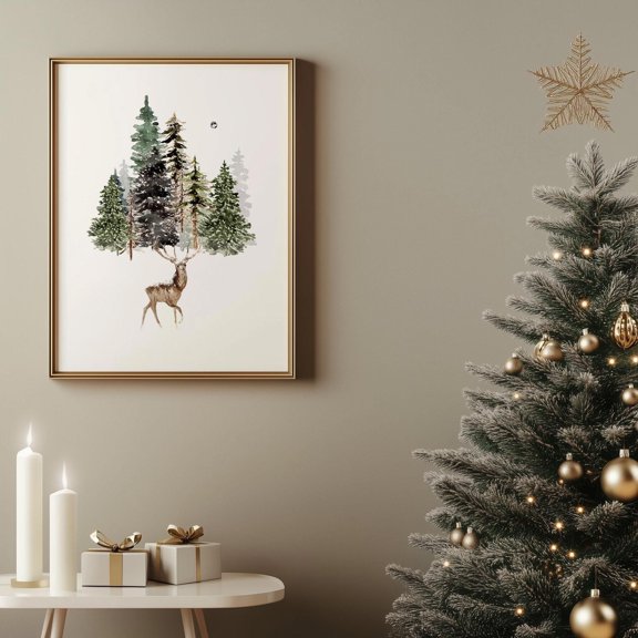 Winter Posters Deer Wall Art, Snowy Winter Trees Winter Wonderland Poster, Decor, Pine Tree Winter Wall Art Print Warm Present Vintage UNFRAMED Poster Size 12x18