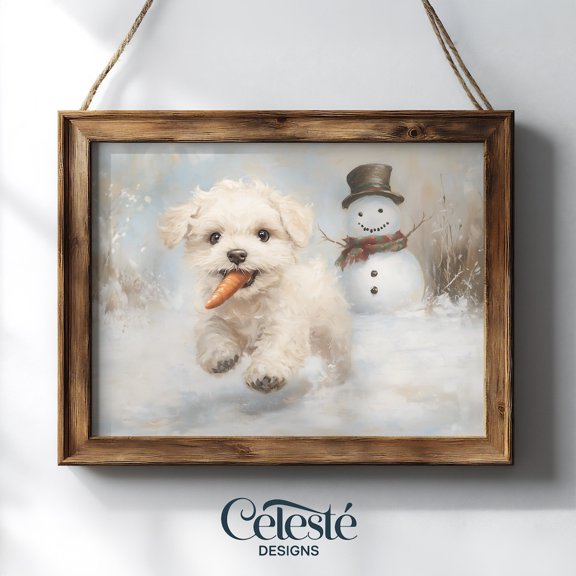 Winter Print, Puppy Steals Snowman'S Nose UNFRAMED Poster, Wall Art for Decor, Present, 8x12
