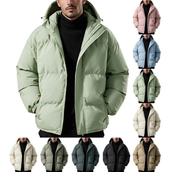 Winter Puffer Coat for Men Solid Color Warm Hooded Thick Coat Stand Collar Zip Up Padded Outerwear for Daily