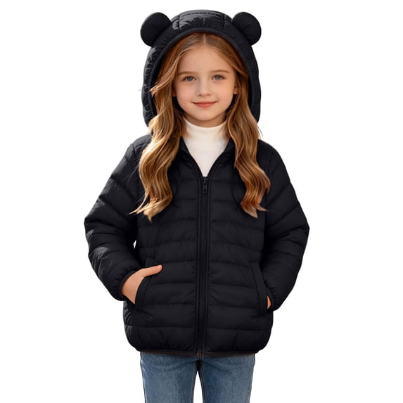 Winter Puffer Coat with Bear Ears for Boys Girls, Long Sleeve Hooded Zip Up Cotton Outerwear Jacket with Pockets, Black 10-11 Years