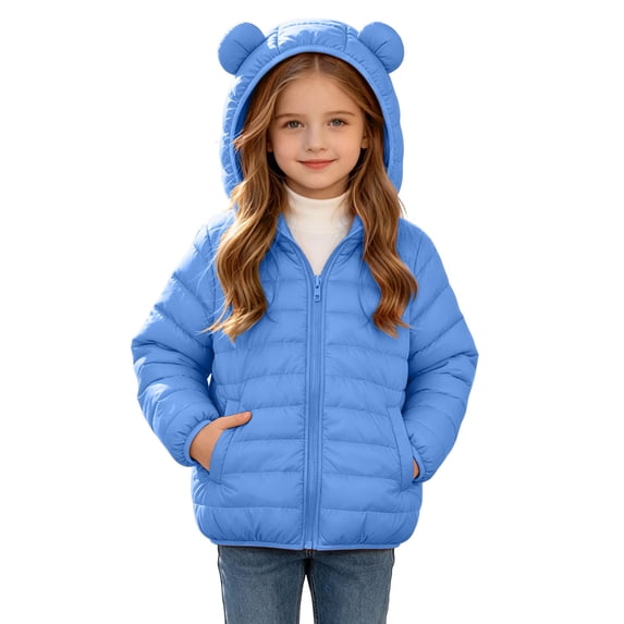 Winter Puffer Coat with Bear Ears for Boys Girls, Long Sleeve Hooded Zip Up Cotton Outerwear Jacket with Pockets, Blue 14-15 Years