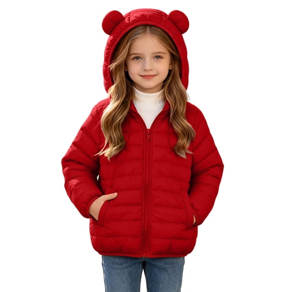 Winter Puffer Coat with Bear Ears for Boys Girls, Long Sleeve Hooded Zip Up Cotton Outerwear Jacket with Pockets, Red 4-5 Years