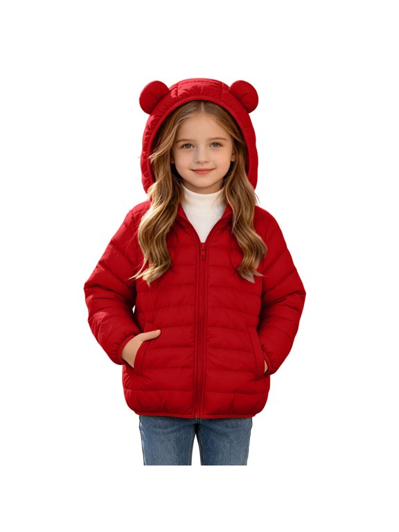 Winter Puffer Coat with Bear Ears for Boys Girls, Long Sleeve Hooded Zip Up Cotton Outerwear Jacket with Pockets, Red 6-7 Years