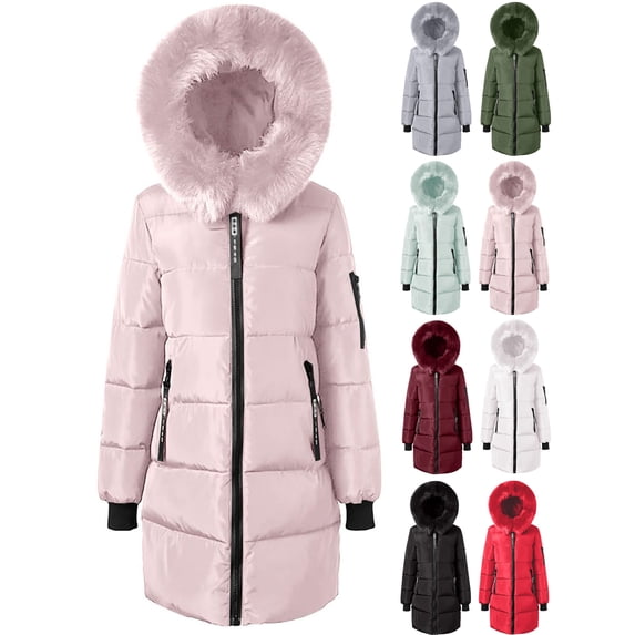 Winter Puffer Coats for Women Mid-Length,Detachable Big Hood Collar Zip Up Quilted Parka,Windproof Warm Thick Cold Weather Jacket with Rib Cuffs and Multi Pockets