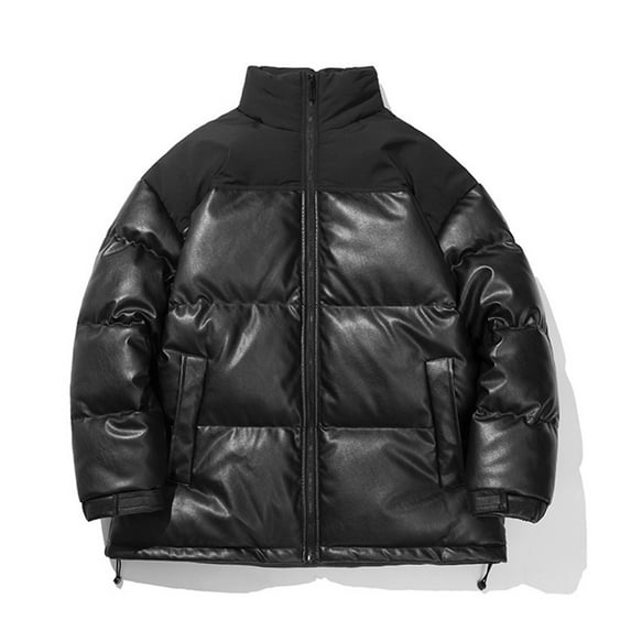 Winter Puffer Coats for Men PU Leather Patchwork Stand Collar Down Jacket Full Zip Up Windproof Insulated Outerwear