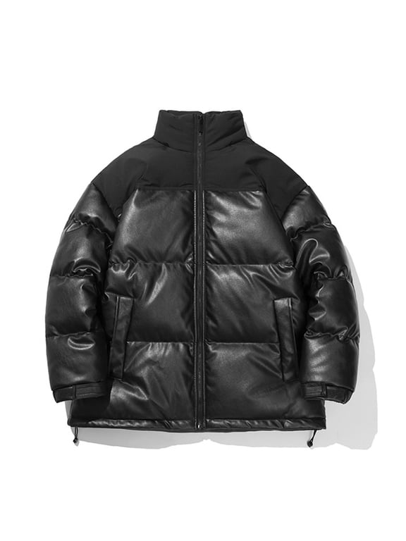 Winter Puffer Coats for Men PU Leather Patchwork Stand Collar Down Jacket Full Zip Up Windproof Insulated Outerwear