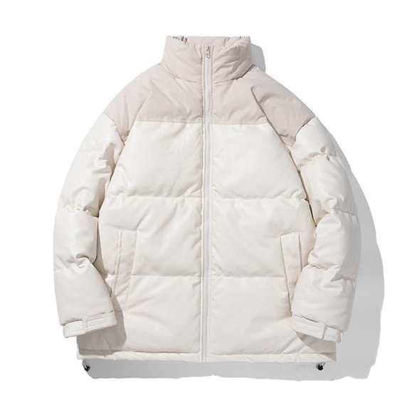 Winter Puffer Coats for Men PU Leather Patchwork Stand Collar Down Jacket Full Zip Up Windproof Insulated Outerwear