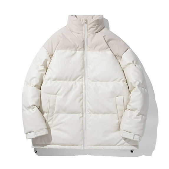 Winter Puffer Coats for Men PU Leather Patchwork Stand Collar Down Jacket Full Zip Up Windproof Insulated Outerwear