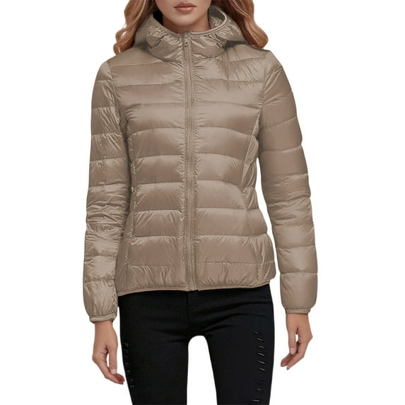 Winter Puffer Coats for Women Lightweight Puffy Jacket Packable Hooded Down Coat Khaki M