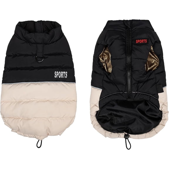 Winter Puffer Jacket, Warm and Water-Resistant Coat with Leash Ring, Stylish Color Block Design for Small Medium Large Dogs (Beige, Large)