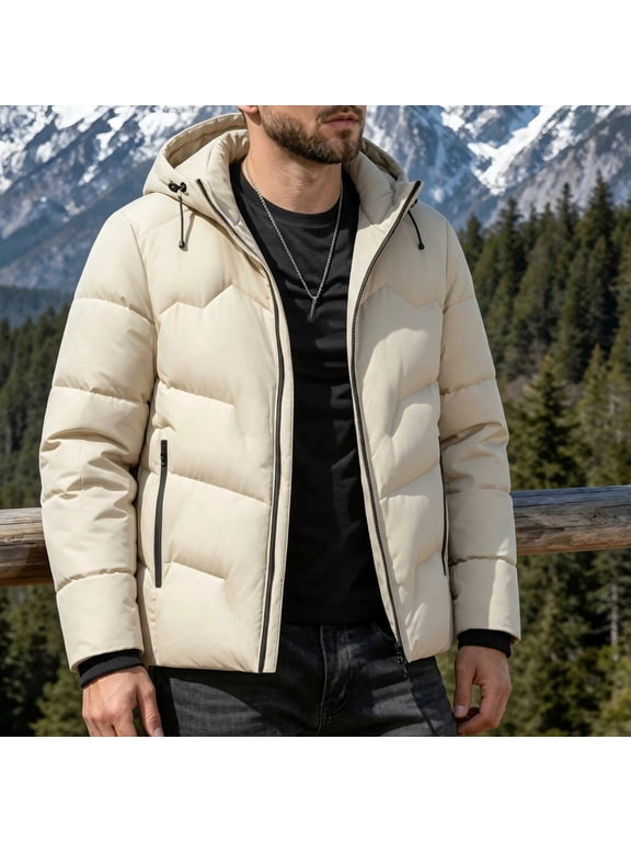 Winter Puffer Jacket for Men Hooded Quilted Down Coats Long Sleeve Lightweight Zip Up Padded Jackets Warm Casual Outerwear with Pockets