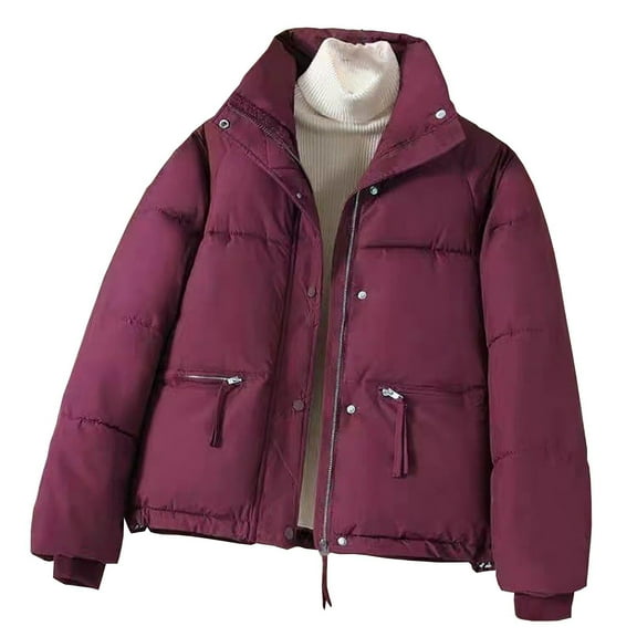 Winter Puffer Jacket for Women Lightweight Zip Up Jacket Short Quilted Coat with Zipper Pockets Red L