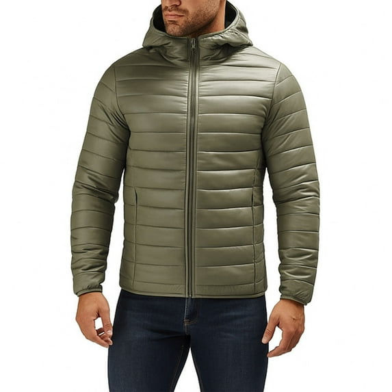 Winter Puffer Jackets for Men with Zipper Pockets and Hoodie Zip Up Puffer Coats Mens Casual Solid Color Long Sleeve Thermal Warm Quilted Jacket