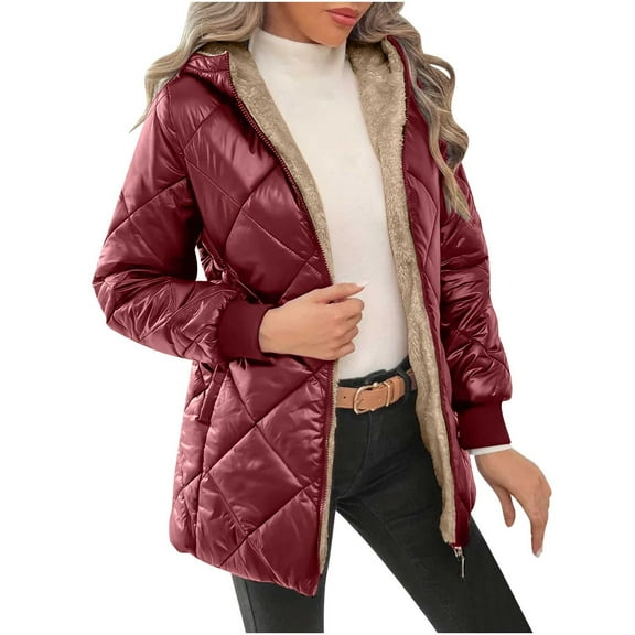 Winter Puffer Jackets for Women Warm Fleece-Lined Outwear Coat Trendy Long Jacket Red 2XL