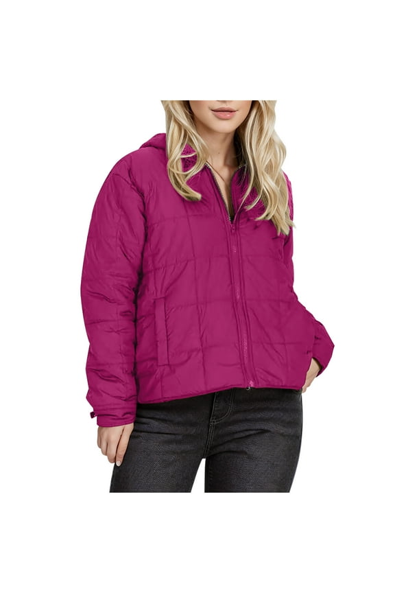 Winter Puffer Jackets for Women with Hood Lightweight Quilted Coats Full Zip Long Sleeve Hooded Padded-Coat (Hot Pink XL)