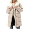 thumbnail image 1 of Winter Puffy Jacket with Detachable Faux Fur Collar Womens Fleece Lined Long Coat Mid Length Zip Up Hooded Overcoat (2XL, Beige), 1 of 7