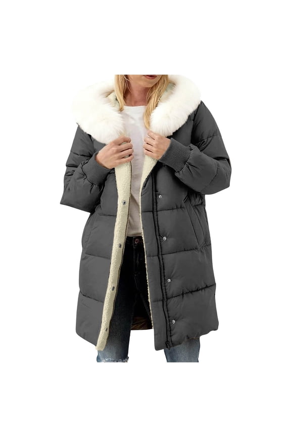 Winter Puffy Jacket with Detachable Faux Fur Collar Womens Fleece Lined Long Coat Mid Length Zip Up Hooded Overcoat (3XL, Dark Gray)