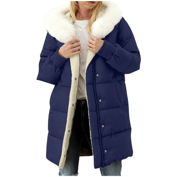 Winter Puffy Jacket with Detachable Faux Fur Collar Womens Fleece Lined Long Coat Mid Length Zip Up Hooded Overcoat (L, Navy)