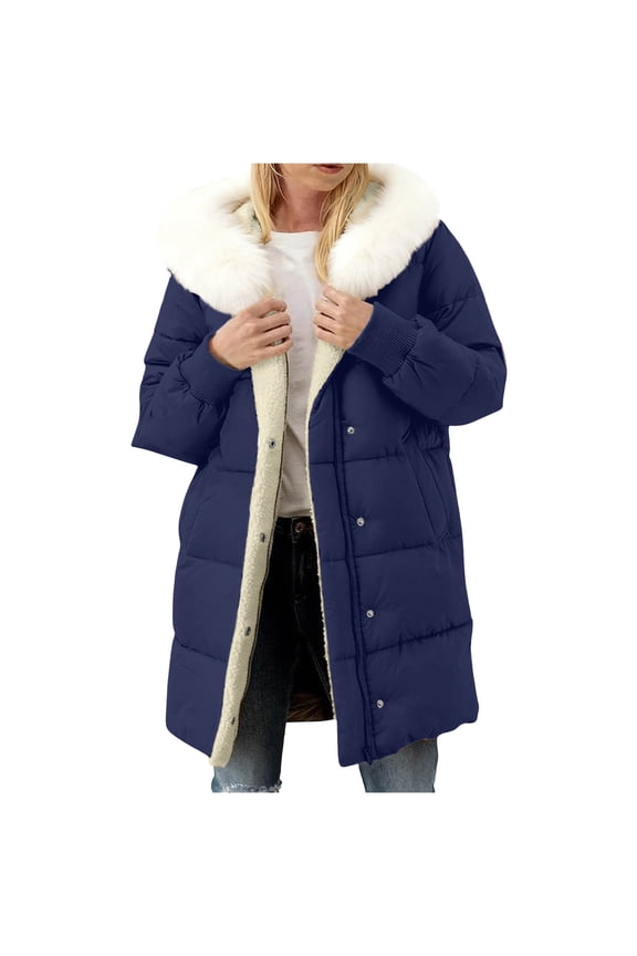 Winter Puffy Jacket with Detachable Faux Fur Collar Womens Fleece Lined Long Coat Mid Length Zip Up Hooded Overcoat (XL, Navy)
