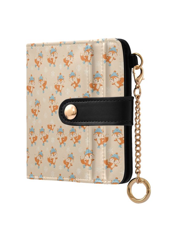 Winter Qrange Fox Small Wallet for Women RFID Blocking Bifold PU Leather Credit Card Holder with Zipper Coin Pocket Compact Cute Travel Purse Magnetic Snap 7 Card Slots