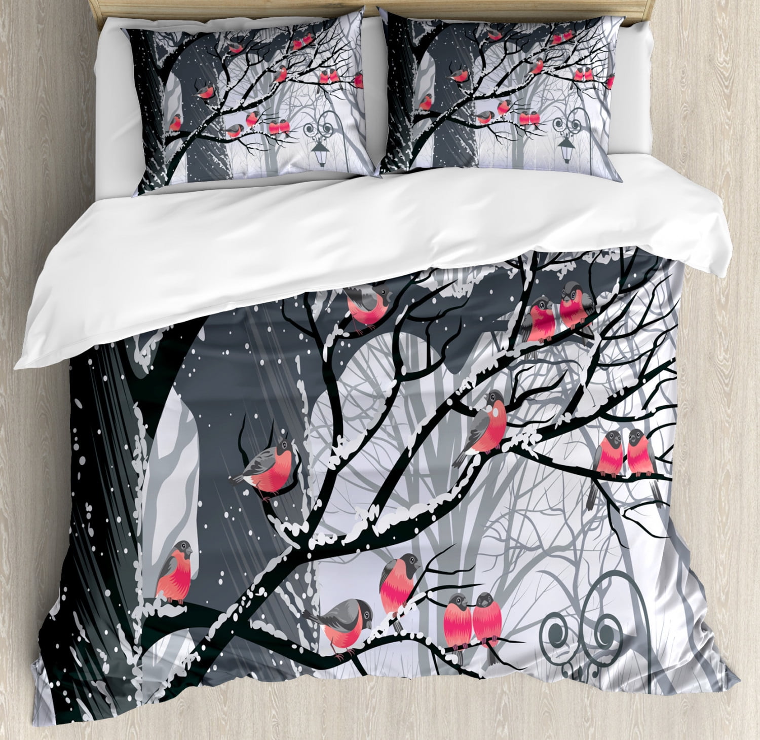 Winter Queen Size Duvet Cover Set with Bullfinches Design