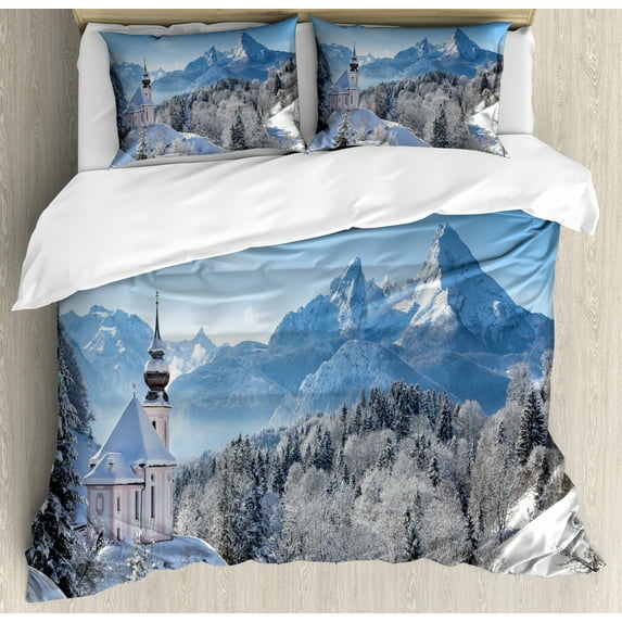 Winter Queen Size Duvet Cover Set, Snowy Bavaran Alps with Church of Maria Gern with Famous Watzmann Massif Germany, Decorative 3 Piece Bedding Set with 2 Pillow Shams, Blue White, by Ambesonne