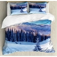 thumbnail image 1 of Winter Queen Size Duvet Cover Set, Surreal Winter Scenery with High Mountain Peaks and Snowy Coniferous Pine Trees, Decorative 3 Piece Bedding Set with 2 Pillow Shams, Blue White, by Ambesonne, 1 of 3