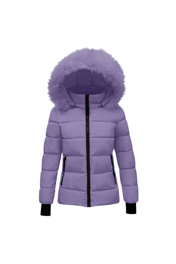 Winter Quilted Coats for Women Thicken Padded Full Zip Stand Collar Jacket with Fuzzy Hooded Short Parka Coats with Zipper Pockets Purple XXL