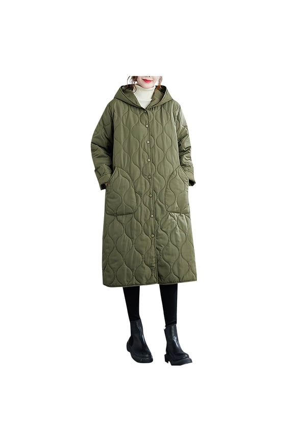 Winter Quilted Jacket for Women Lightweight Button Down Coats Hooded Puffer Padded with Pockets Olive Green XL