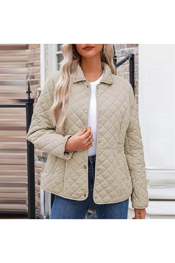 Winter Quilted Jackets for Women Casual Button Down Diamond Puffer Jacket Long Sleeve Outerwear Coats with Pockets (Beige,XXL)