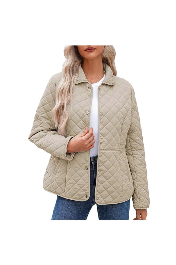 Winter Quilted Jackets for Women with Pockets Lapel Collar Button Up Loose Casual Lightweight Warm Coat Outwear (3XL, Beige)