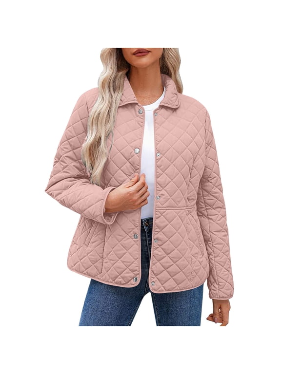 Winter Quilted Jackets for Women with Pockets Lapel Collar Button Up Loose Casual Lightweight Warm Coat Outwear (3XL, Pink)