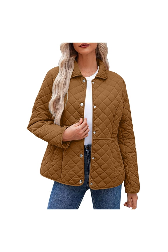 Winter Quilted Jackets for Women with Pockets Lapel Collar Button Up Loose Casual Lightweight Warm Coat Outwear (XL, Coffee)
