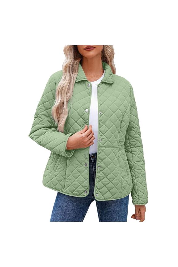 Winter Quilted Jackets for Women with Pockets Lapel Collar Button Up Loose Casual Lightweight Warm Coat Outwear (XL, Light Green)