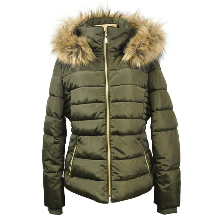 Colorblock Hooded Faux-Fur Winter Puffer Parka in Khaki and Brown Colorblock Hooded Faux-Fur Winter Puffer Parka in Khaki and Brown