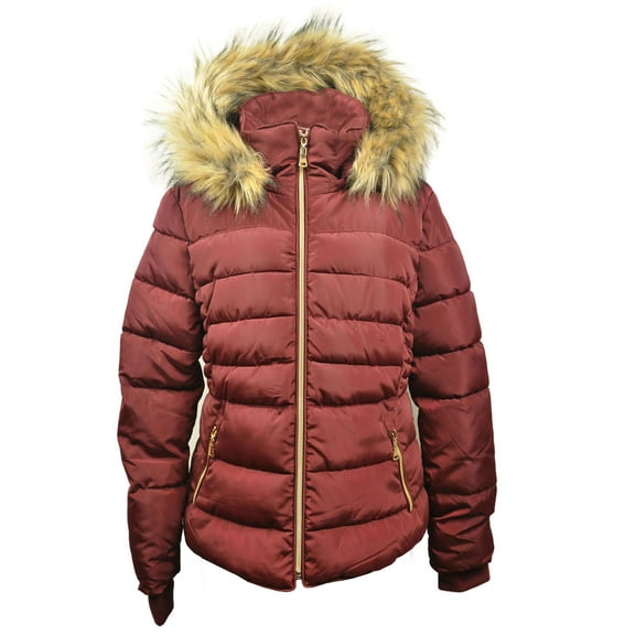 Winter Quilted Puffer Coat for Women Fleece Lined Warm Jacket with Removable Faux Fur Hood